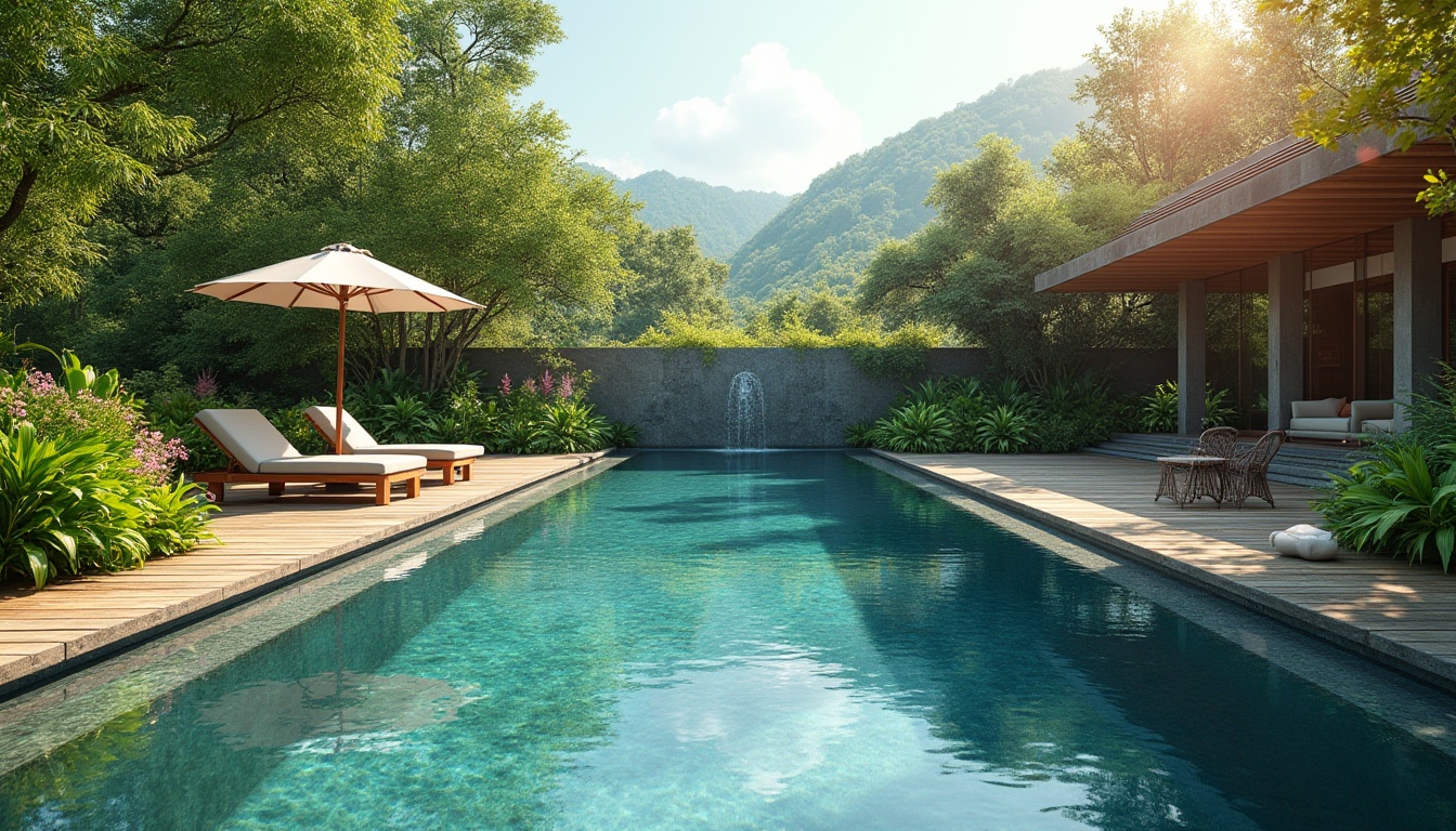 Prompt: Lush green forest, serene lake, or vibrant flower garden integrated into modern swimming pool design, infinity edge, natural stone wall, wooden deck, lounge chairs, umbrella, tropical plants, water features, fountain, waterfall, misting system, warm sunny day, soft gentle breeze, shallow end for kids, lap pool for athletes, luxurious villa in the background, panoramic view, 3/4 composition, warm lighting, morning dew, summer atmosphere.