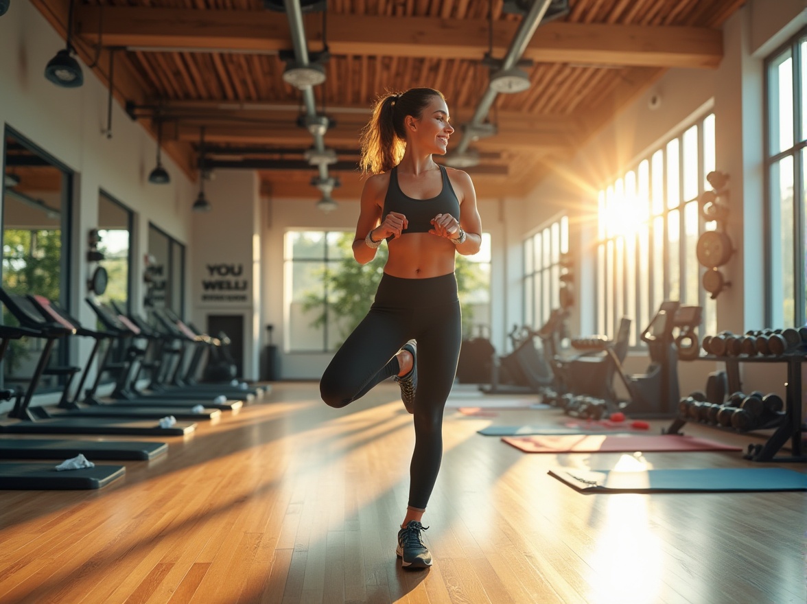 Prompt: Modern gymnasium, bright lighting, wooden flooring, exercise machines, free weights, yoga mats, mirrors, motivational quotes, water bottles, towels, sporty woman, 25yo, athletic build, ponytail, sweat droplets, sports bra, leggings, sneakers, stretching, jumping jacks, smiling, energetic, morning sunlight, panoramic view, shallow depth of field, vibrant colors, fitness tracker, healthy snacks, inspirational posters, calm atmosphere, natural wood accents.