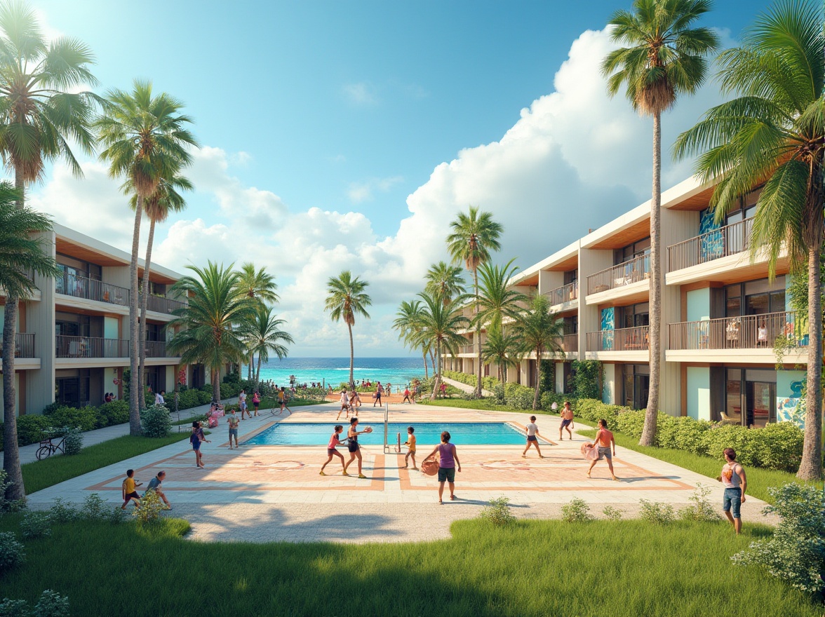 Prompt: Modern island gymnasium social housing project, tropical architecture style, palm trees surrounding, bright blue sky, fluffy white clouds, sunny day, warm lighting, vibrant green grass, outdoor fitness area, basketball court, tennis court, swimming pool, colorful murals on walls, diverse group of people exercising, laughing, chatting, children playing, elderly couples walking, athletic wear, sporty hairstyles, smiling faces, natural materials, wooden accents, large windows, minimalistic interior design, cozy atmosphere, community center, event hall, library, kindergarten, playground, parking lot, bicycles, scenic ocean views, gentle sea breeze.