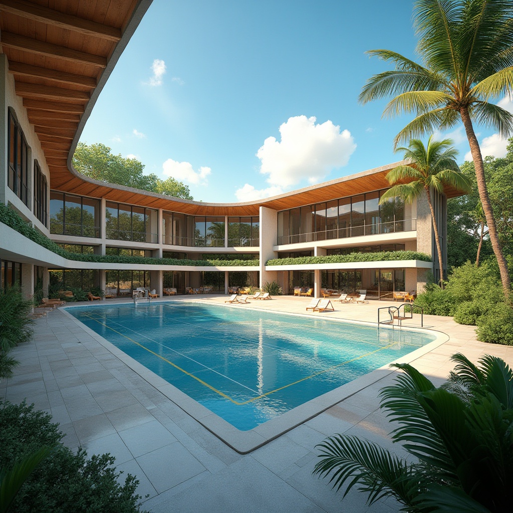 Prompt: Modern island gymnasium, tropical architecture, large glass windows, curved roofline, wooden accents, natural stone walls, lush greenery, palm trees surrounding, bright sunny day, blue sky with few clouds, athletic tracks, sports equipment, basketball hoop, tennis court, Olympic-sized swimming pool, sleek metallic railings, minimalist interior design, warm ambient lighting, 3/4 composition, panoramic view, cinematic atmosphere, HDR.