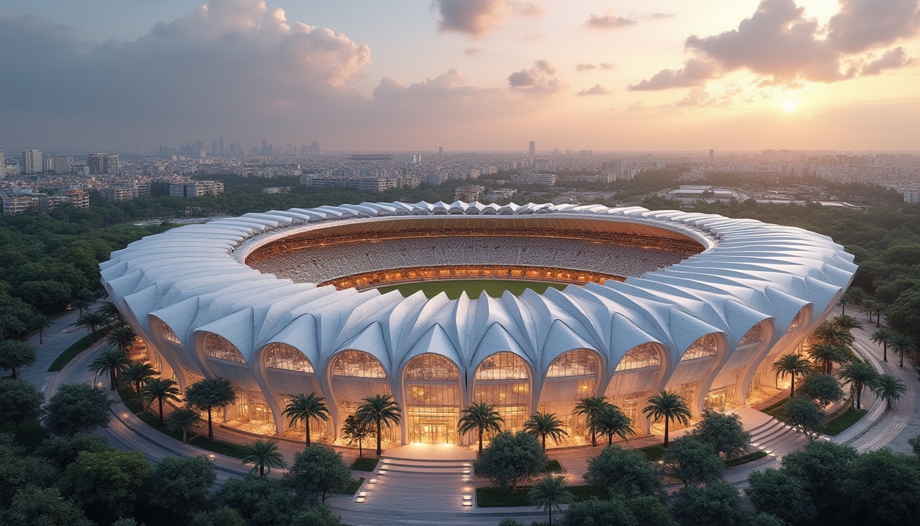 Prompt: Marble-clad football stadium, luxurious social housing, modern architecture, sleek lines, white marble facade, glass roofs, steel beams, intricate stone carvings, lavish interior designs, grand staircases, high ceilings, spacious living rooms, floor-to-ceiling windows, cityscape views, urban landscape, evening ambient lighting, warm golden tones, dramatic shadows, 3/4 composition, wide-angle lens.