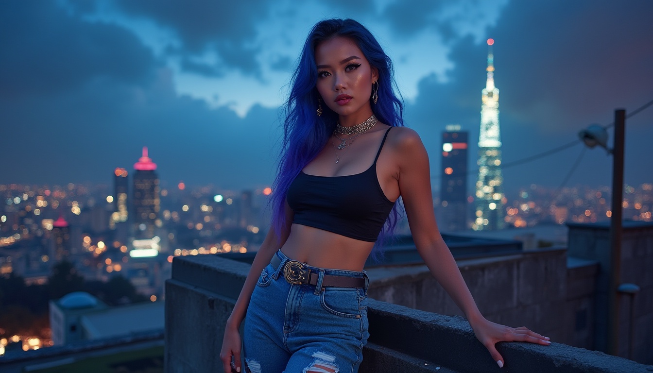 Prompt: Modern woman, trendy outfit, blue violet hair, bold eyeliner, subtle shimmer eyeshadow, glossy lips, fitted crop top, high-waisted distressed denim jeans, statement accessories, sleek stilettos, urban rooftop setting, cityscape background, neon lights, nighttime atmosphere, dramatic clouds, cinematic composition, shallow depth of field, vibrant colors, HDR, wide-angle lens.