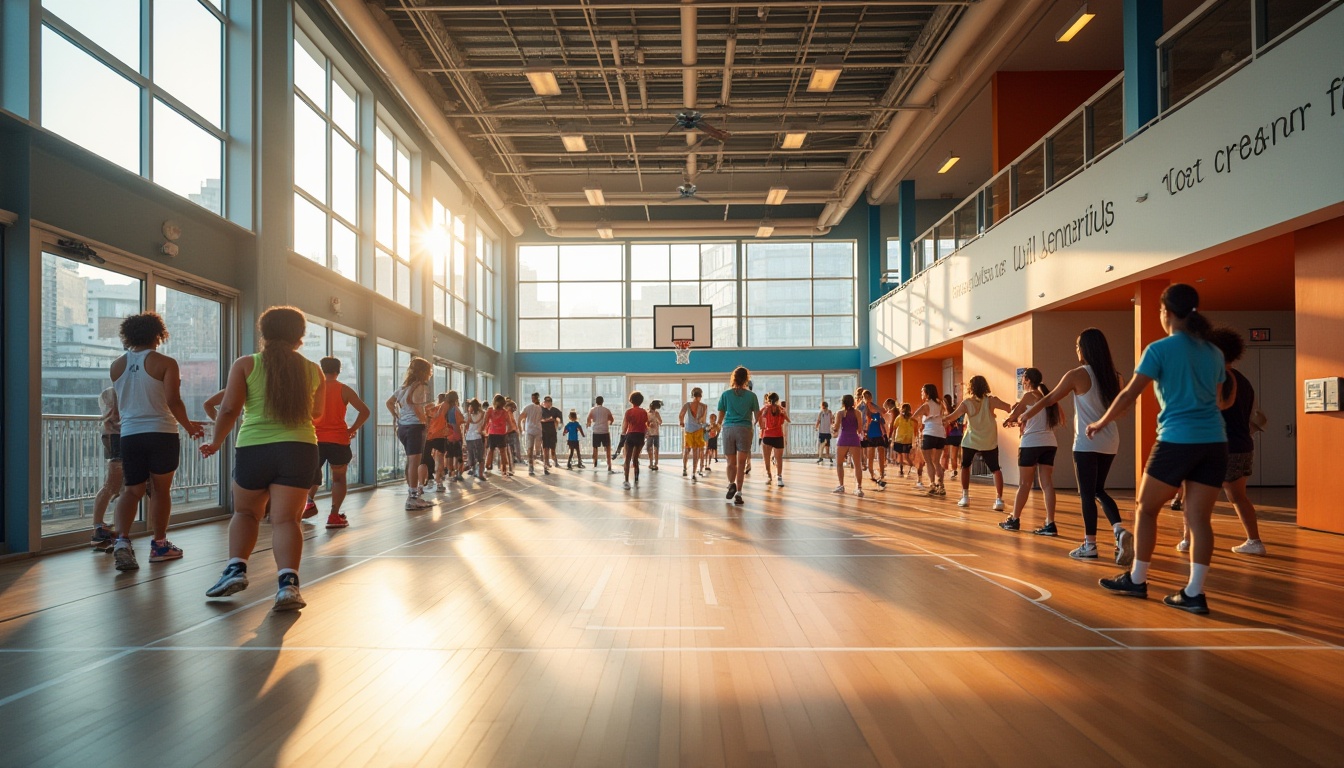 Prompt: Vibrant community center, modern architecture, large windows, natural light, open gymnasium, basketball court, wooden floor, sporty atmosphere, diverse people exercising, young adults, energetic, fitness enthusiasts, colorful sports equipment, inspirational quotes on walls, urban background, cityscape, afternoon sunlight, shallow depth of field, warm ambient lighting, dynamic composition.