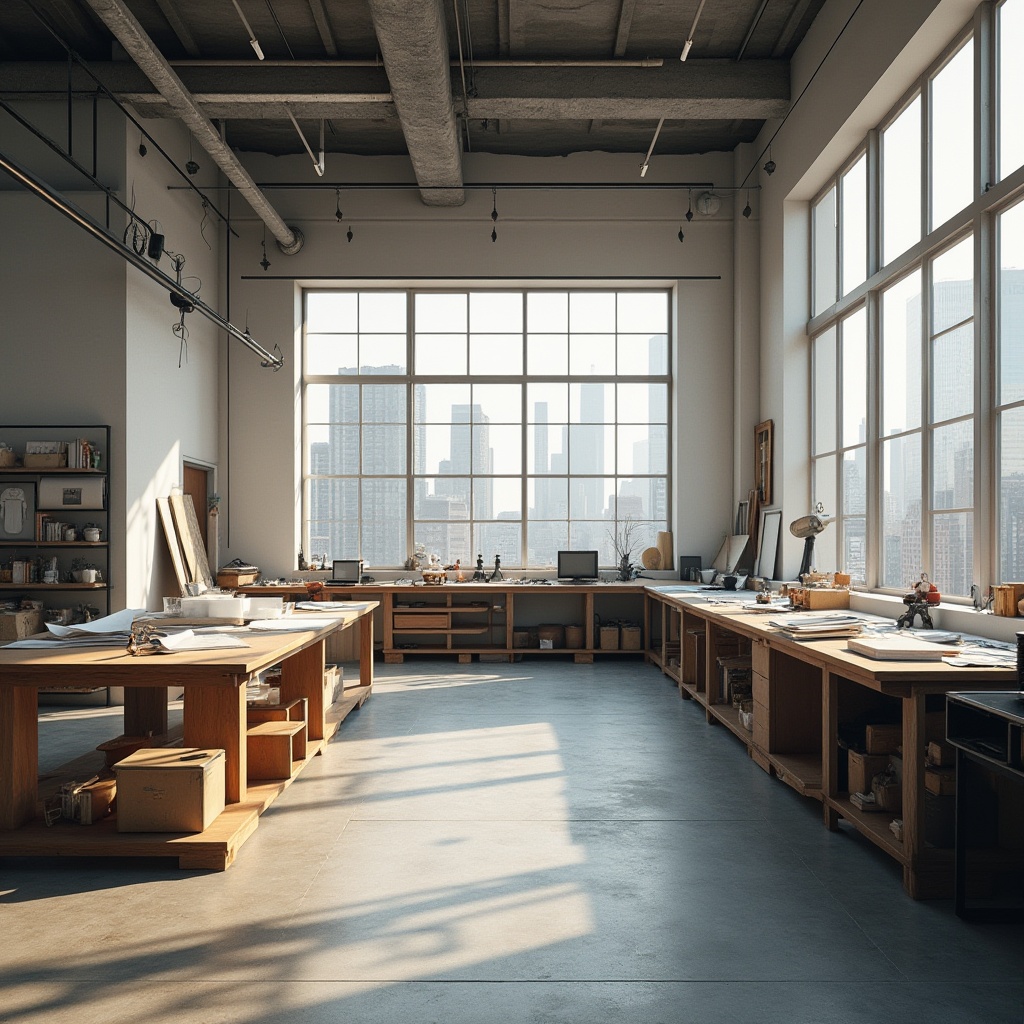 Prompt: Minimalist workshop interior, functional spaces, urban industrial setting, concrete floor, steel beams, wooden workbenches, metal tools, scattered papers, blueprints, architectural models, white walls, large windows, natural light pouring in, cityscape outside, skyscraper views, 3/4 composition, shallow depth of field, warm lighting, modern minimalist decor.