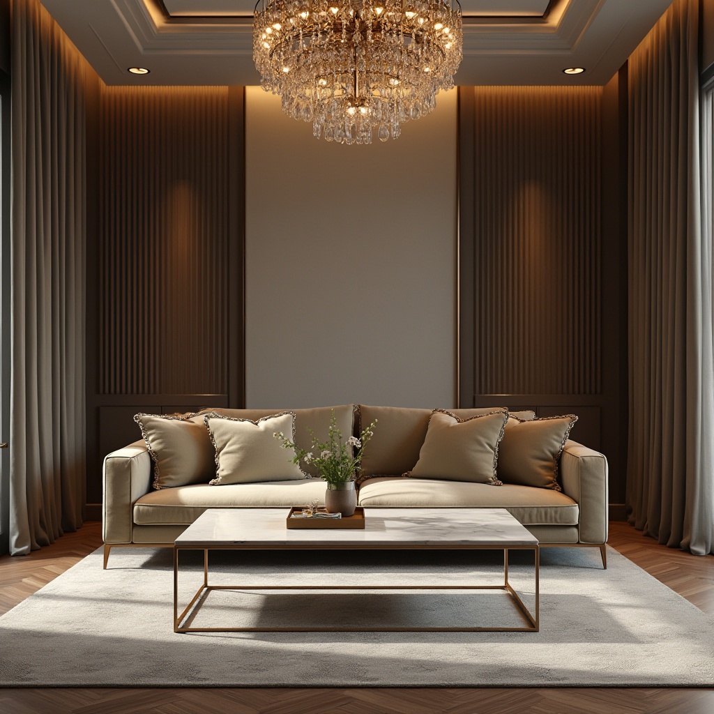 Prompt: Luxury interior, high-end furniture, velvet sofa, marble coffee table, crystal chandelier, wooden floor, minimalist decor, modern style, luxurious fabrics, soft cushions, metallic frames, sleek lines, ambient lighting, warm atmosphere, 3/4 composition, shallow depth of field.