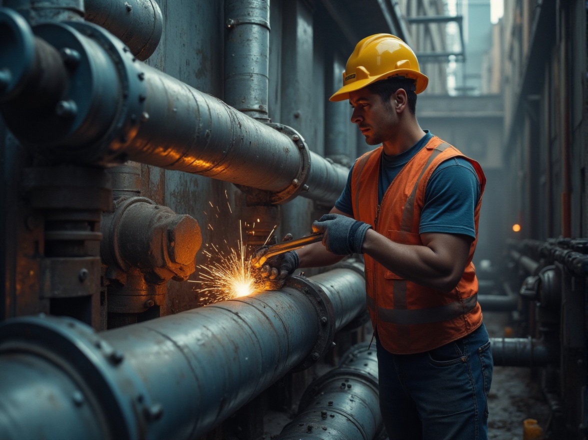 Prompt: Industrial setting, galvanized steel, metallic texture, rust-resistant, silver-gray color, bolts, nuts, welding sparks, construction site, scaffolding, half-finished building, urban landscape, blueprints, hard hat, reflective vest, muscular male worker, holding wrench, inspecting pipes, low-angle shot, dramatic lighting, high-contrast, cinematic composition.