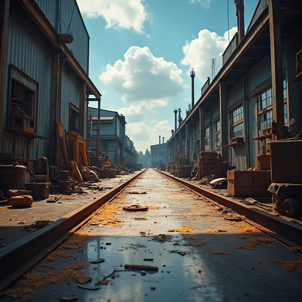 Prompt: Galvanized steel, industrial setting, metal workshop, various tools scattered, welding sparks, realistic rusty texture, metallic sheen, reflective surface, corrugated iron sheets, steel beams, construction site, sunny day, clear blue sky, few white clouds, dramatic lighting, low-angle shot, cinematic composition, high contrast.