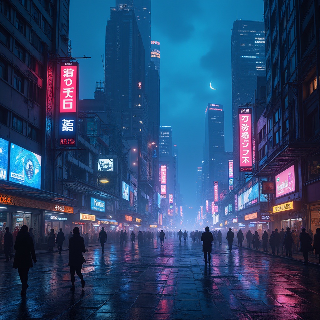 Prompt: Vibrant color palette, futuristic cityscape, neon lights reflecting off skyscrapers, dark blue night sky, crescent moon, misty atmosphere, glowing advertisements, busy streets, people in motion, cyberpunk feel, sleek lines, metallic materials, holographic displays, towering buildings, rainy pavement, puddle reflections, cinematic composition, high contrast lighting.