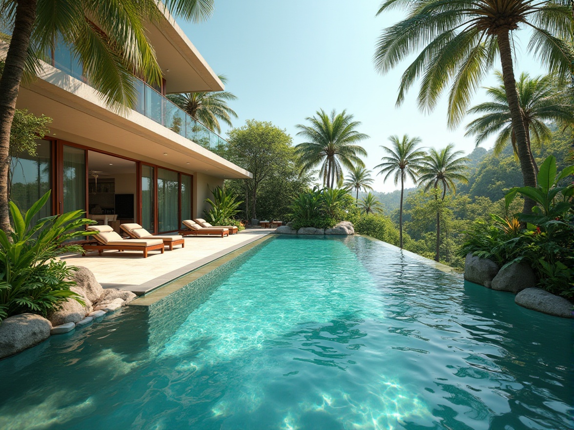 Prompt: Serenity infused scenery, luxurious villa, modern architecture, surrounded by tranquil water features, infinity pool, crystal clear turquoise water, gentle ripples, subtle waterfall sounds, lush greenery, tropical plants, palm trees, exotic flowers, sunny afternoon, warm soft lighting, 3/4 composition, depth of field, cinematic ambiance, fish eye lens.