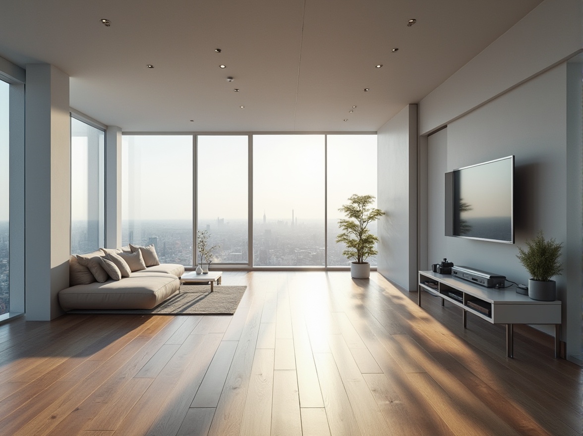 Prompt: Modern minimalist spatial layout, optimizing functionality, sleek lines, monochromatic color scheme, wooden flooring, floor-to-ceiling windows, natural light pouring in, 3/4 composition, shallow depth of field, blurred background, futuristic ambiance, high-tech gadgets, metallic accents, ambient lighting, panoramic view, empty space, simplicity, elegance.