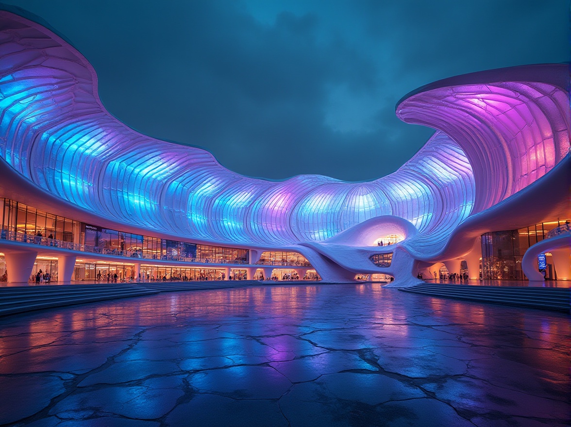 Prompt: Futuristic stadium, Metabolism architecture style, curved lines, biomimicry design, vibrant neon lights, iridescent colors, translucent roofs, undulating structures, flowing shapes, organic forms, metallic materials, glass facades, LED screens, dynamic lighting, evening atmosphere, panoramic view, low-angle shot, 3/4 composition, soft focus, ambient occlusion.