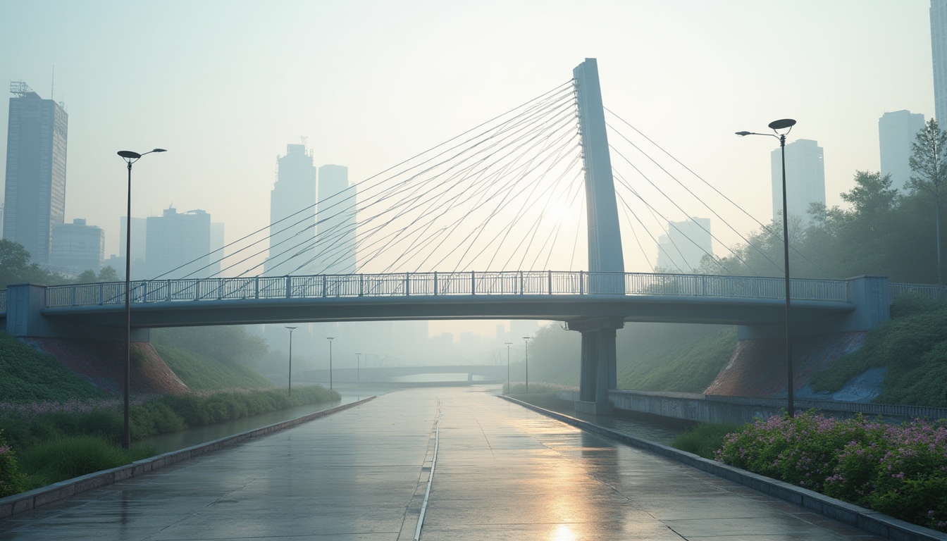 Prompt: Minimalist pedestrian bridge, sleek steel beams, simple suspension cables, modern LED lamp posts, clean concrete piers, smooth stone pavement, gentle arches, subtle curves, urban cityscape background, misty morning atmosphere, soft natural lighting, shallow depth of field, 3/4 composition, cinematic mood, calm river flowing underneath, lush greenery along the banks, distant skyscrapers, vibrant street art on the bridge's walls.