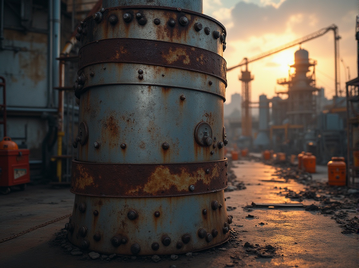 Prompt: Galvanized steel, metal texture, rusty tone, industrial setting, factory background, pipes, machinery, construction site, crane, scaffolding, blueprints, hard hat, reflective vest, toolbox, welding sparks, afternoon sunlight, high contrast, dramatic lighting, cinematic composition, detailed rivets, metallic sheen.