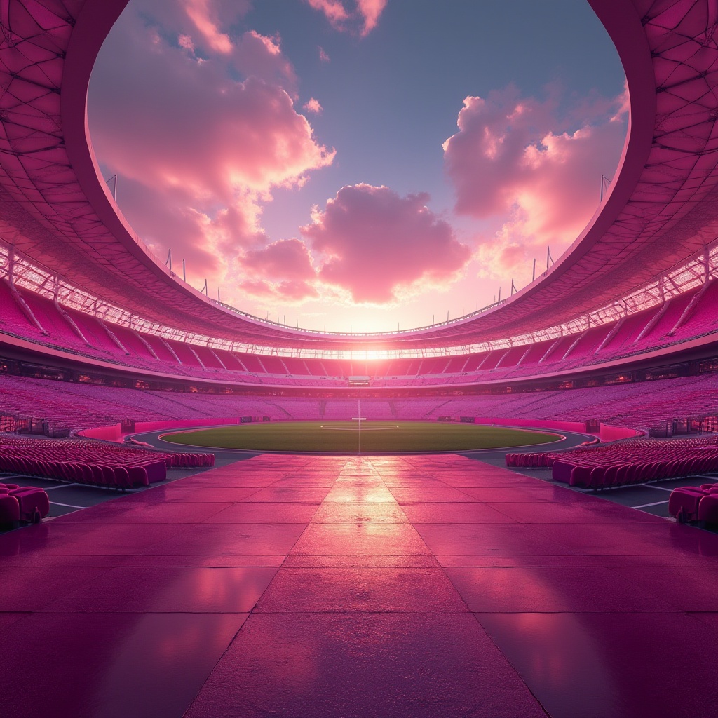 Prompt: Fuchsia stadium, vibrant bold color scheme, futuristic architecture, sleek lines, geometric shapes, metallic materials, glossy finish, dynamic lighting, panoramic view, dramatic clouds, sunset atmosphere, 3/4 composition, depth of field, cinematic mood, HDRI skybox.