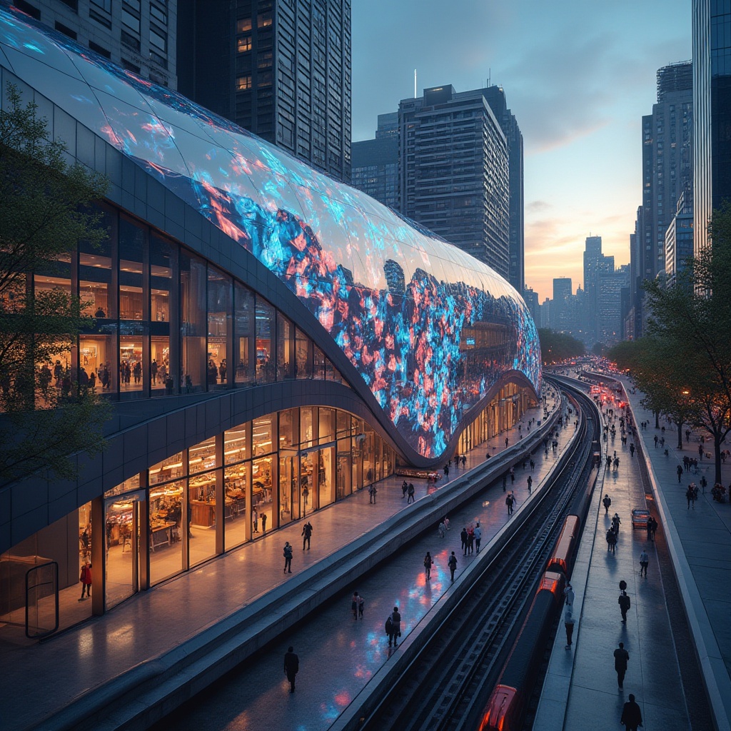 Prompt: Modern metro station facade, futuristic architecture, sleek glass walls, metallic frames, LED light installations, abstract patterns, urban cityscape, bustling streets, pedestrians walking by, evening time, warm ambient lighting, dramatic shadows, reflective surfaces, geometric shapes, angular lines, vibrant colors, dynamic composition, panoramic view, high-angle shot, deep depth of field.