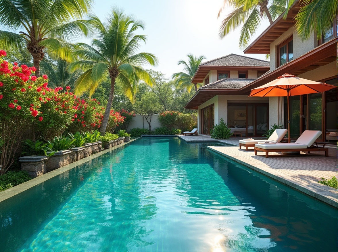 Prompt: Luxurious villa, backyard swimming pool, infinity edge, tropical landscape integration, palm trees, colorful bougainvillea, hibiscus flowers, lush greenery, natural stone walls, wooden deck, lounge chairs, umbrella, serene ambiance, warm sunlight, gentle breeze, rippled water reflection, panoramic view, 3/4 composition, soft focus, dreamy atmosphere.