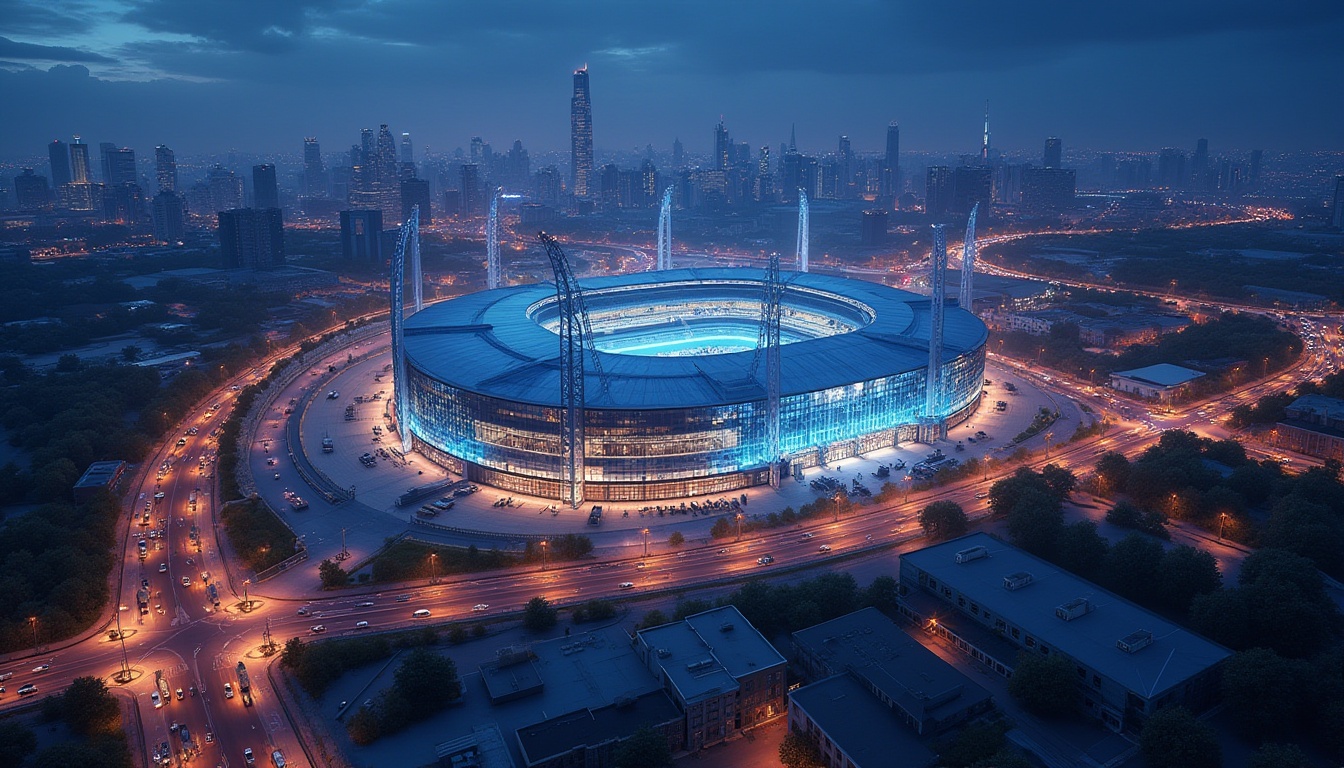 Prompt: Modern industrial area, integrating stadiums, nighttime scene, bright stadium lights, sleek glass façade, metallic structure, vibrant cityscape, busy streets, cars passing by, pedestrians walking, urban landscape, contemporary architecture, dynamic lighting, deep blues and purples, low-angle shot, wide-angle lens, high contrast, dramatic composition, detailed textures, realistic render.