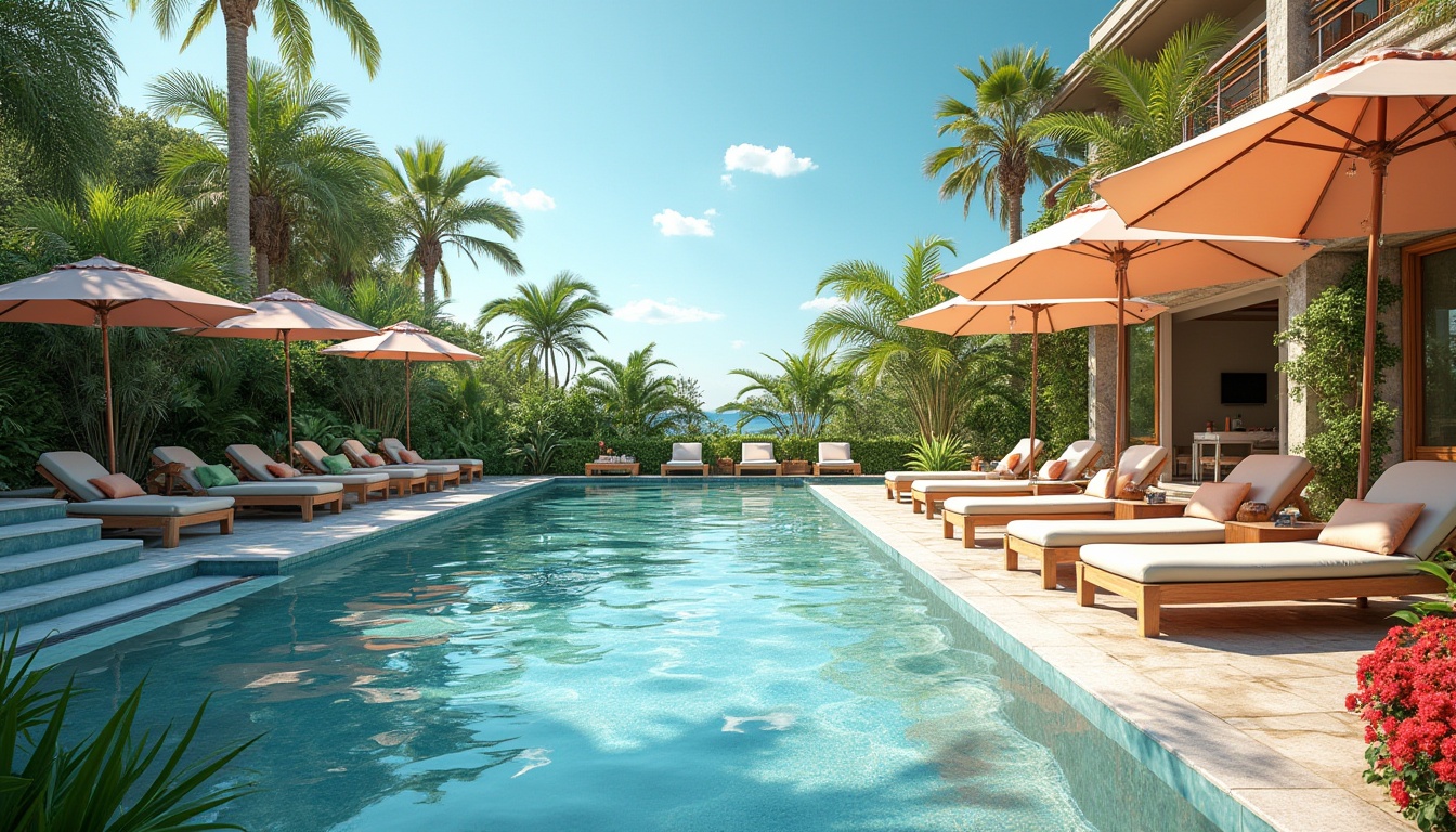 Prompt: Inviting outdoor space, poolside, luxurious villa, warm sunny day, blue sky, few white clouds, lush greenery, palm trees, comfortable lounge chairs, soft cushions, colorful umbrellas, refreshing cocktails, ice buckets, pool floats, steps leading to the pool, crystal clear water, gentle ripples, natural stone pavement, tropical plants, vibrant flowers, soft afternoon lighting, warm ambiance.