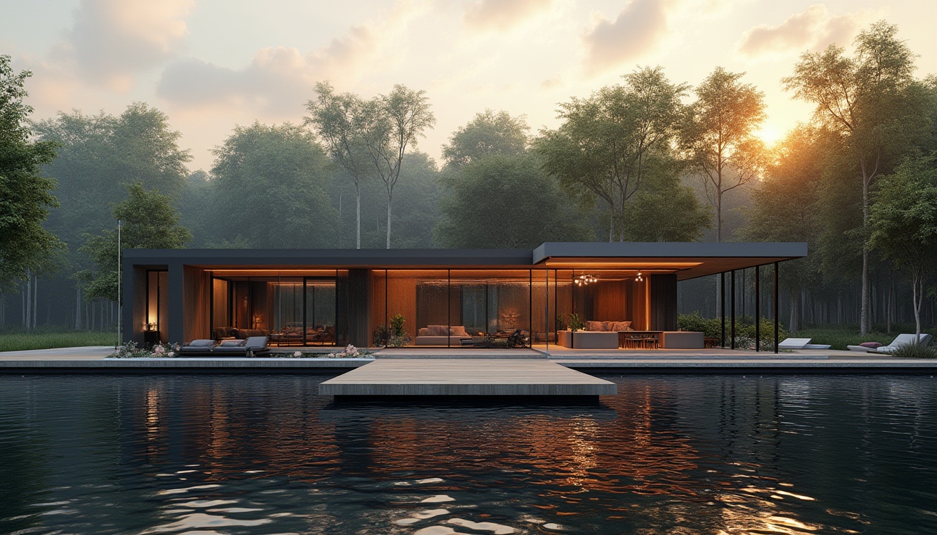 Prompt: Modern boathouse, innovative facade design, streamline architecture, luxurious, waterfront, serene lake, surrounded by lush greenery, tall trees, wooden dock, sailboats, yachts, reflection in calm water, late afternoon sun, warm golden light, dramatic shadows, 3/4 composition, shallow depth of field, modern minimalism, sleek lines, glass walls, metal frames, wooden accents, ambient lighting, cinematic mood.