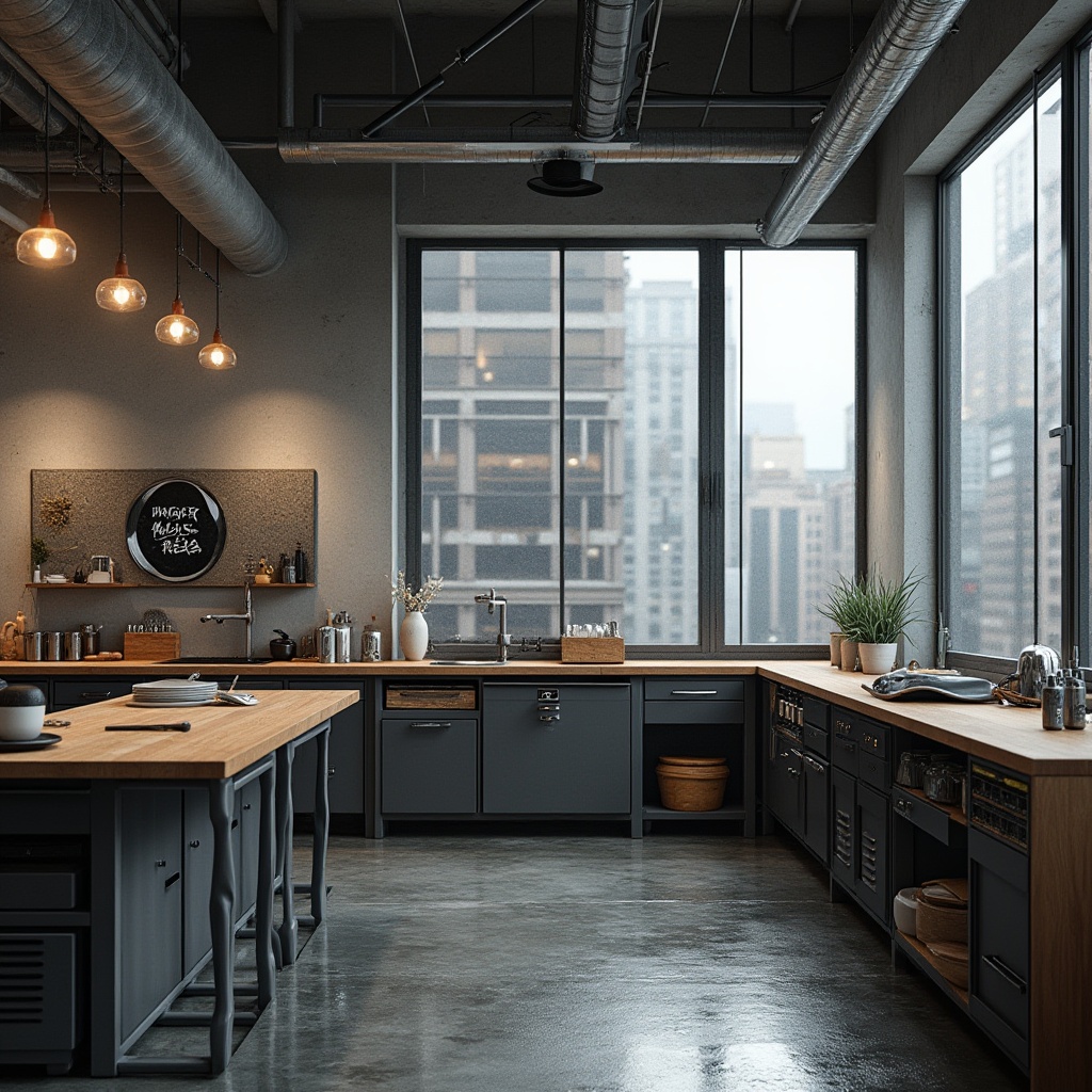 Prompt: Urban minimalism style workshop, granite countertop, industrial chic, metallic legs, wooden workbench, modern machinery, sleek tools, concrete floor, industrial lighting, large windows, cityscape view, rainy day, overcast sky, natural light, 3/4 composition, shallow depth of field, high contrast, realistic texture, ambient occlusion.