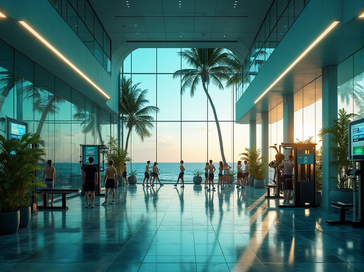 Prompt: Futuristic island gymnasium, modern architecture, sleek lines, glass walls, steel beams, LED lighting, tropical plants, palm trees, ocean views, sunset atmosphere, 3/4 composition, dynamic angles, minimalistic interior design, advanced fitness equipment, digital screens, ambient futuristic soundtrack, soft blue and green color scheme, high ceilings, natural ventilation, athletic young adults, diverse group, exercising, stretching, weightlifting, panoramic view, warm lighting, cinematic mood.