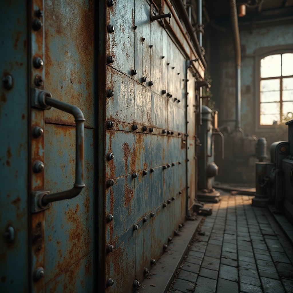 Prompt: Industrial background, galvanized steel material, metallic texture, rusty tone, worn-out surface, bolts and screws details, old factory setting, abandoned machinery, vines climbing on walls, broken windows, soft natural light, warm color palette, shallow depth of field, realistic rendering, cinematic composition.