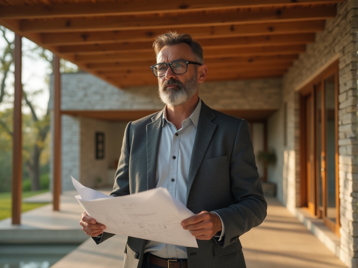 Prompt: Thoughtful architect, mature man, 40yo, beard, glasses, suit, holding blueprints, standing, villa, residential area, daytime, sunny, clear sky, gentle breeze, trees surrounding, natural materials, wood, stone, brick, exposed beams, large windows, minimalist interior, empty space, natural light, warm ambient lighting, 3/4 composition, soft focus, shallow depth of field.