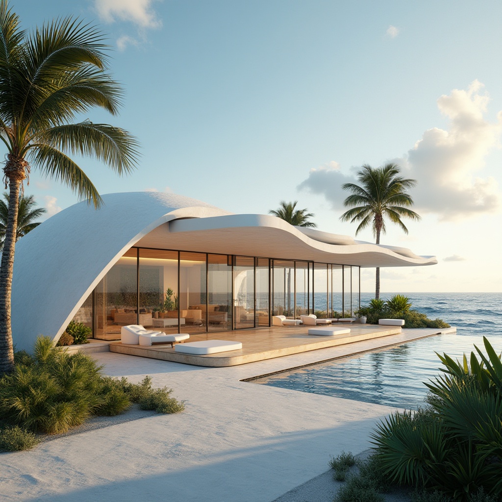 Prompt: Modern island gymnasium, futuristic architecture, sleek lines, minimalist design, large glass windows, ocean views, wave-inspired roof structure, white concrete walls, wooden flooring, state-of-the-art equipment, panoramic view, 3/4 composition, soft natural lighting, warm ambient atmosphere, tropical plants, palm trees surrounding the building, sunny day, few clouds in the sky, calm ocean waves crashing in the background.