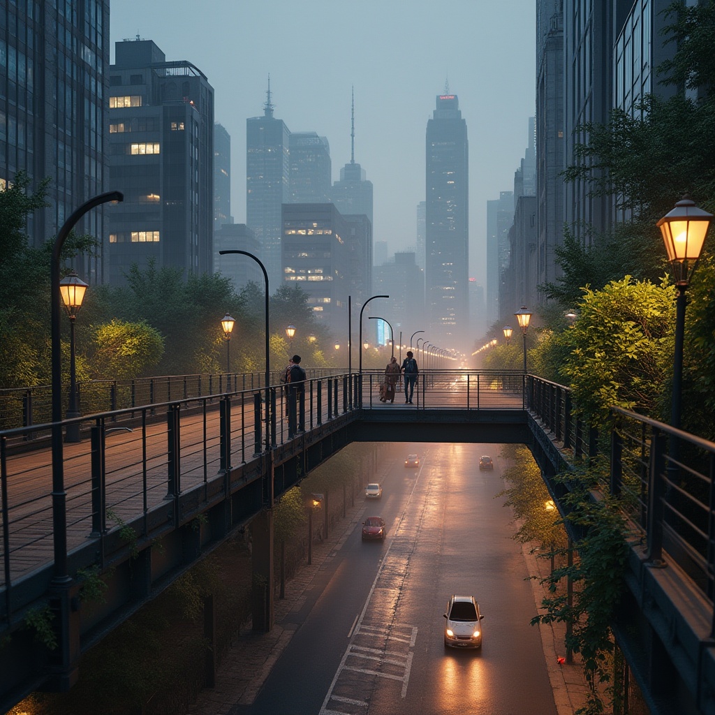 Prompt: urban landscape, pedestrian bridge integration, modern architecture, steel structure, glass railings, wooden decking, greenery incorporated, vines climbing, street lamps, nighttime lighting, misty atmosphere, foggy, city skyline, skyscrapers in the distance, busy streets below, cars moving slowly, people walking, warm color tone, cinematic composition, low-angle shot, dramatic lighting.