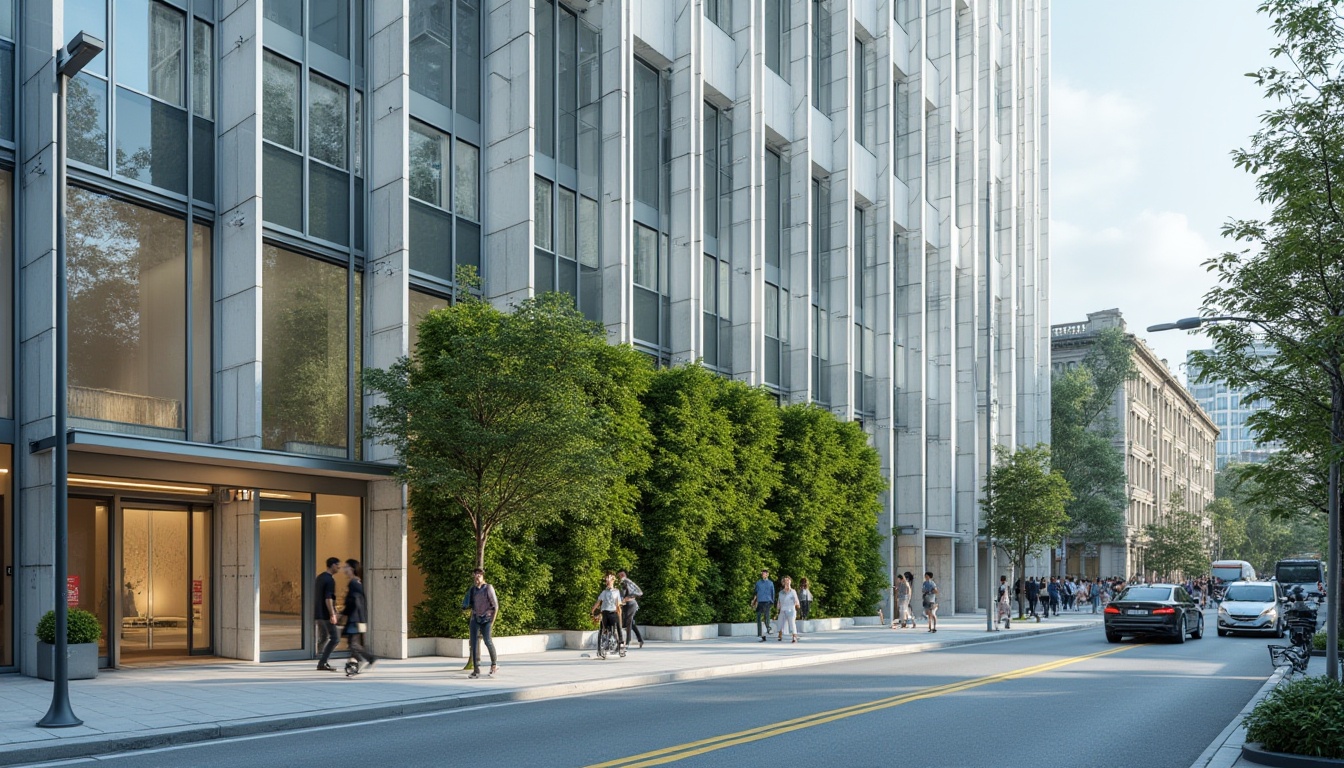 Prompt: Modern building facade, sleek lines, minimalist aesthetic, floor-to-ceiling glass windows, silver aluminum frames, white concrete walls, geometric patterns, LED lighting strips, vertical green wall, lush foliage, urban cityscape, busy streets, daytime, soft natural light, shallow depth of field, 3/4 composition, vibrant colors, contemporary architecture, metallic materials, clean lines, symmetrical design.