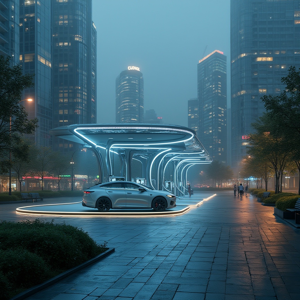 Prompt: Urban landscape, futuristic charging station, modern architecture, curved lines, sleek design, LED lights, neon glow, night scene, cityscape, skyscrapers, bustling streets, electric vehicles, charging cables, solar panels, green roofs, lush vegetation, benches, pedestrian paths, urban furniture, streetlights, misty atmosphere, soft focus, cinematic composition.