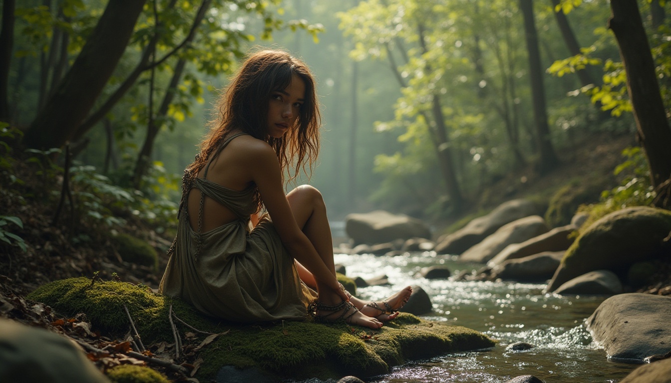 Prompt: Seamless integration, blending with environment, natural scenery, forest surroundings, trees towering above, leaves rustling softly, gentle stream flowing in background, character becoming one with nature, earthy tone skin, messy brown hair, worn-out clothing, moss-covered rocks, vines entwining legs, misty atmosphere, soft focus, warm lighting, cinematic composition, 3/4 view.