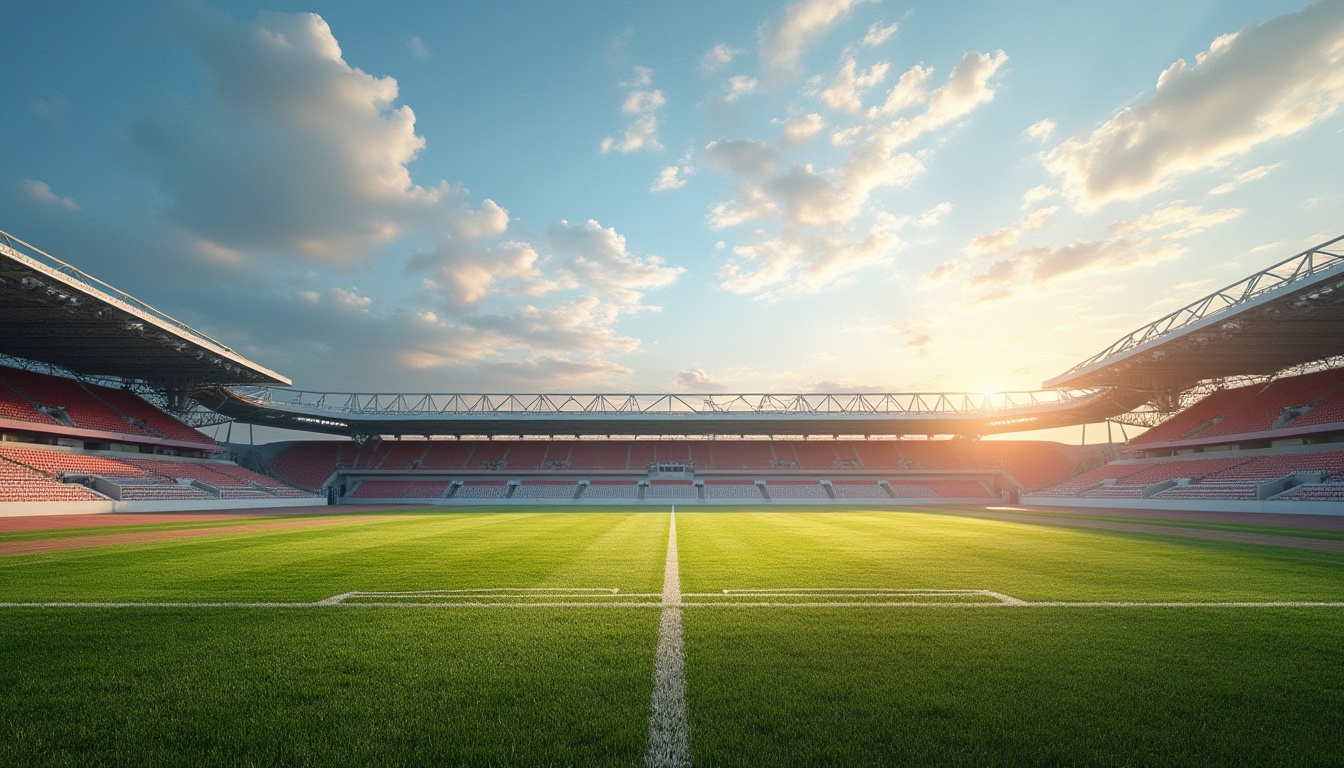 Prompt: Mauve color, sports field design, stadium architecture, football pitch, vibrant atmosphere, detailed texture, grassy terrain, athletic tracks, sports equipment, goalposts, scoreboard, audience stands, sunny day, clear blue sky, dramatic cloud formations, low-angle shot, wide-angle lens, cinematic composition, warm lighting, afternoon ambiance.