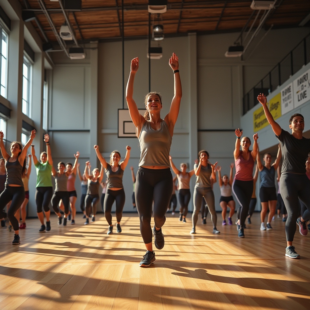 Prompt: Modern gymnasium, community engagement, group fitness class, energetic atmosphere, wooden floor, mirrored walls, rows of exercise equipment, motivational quotes on walls, diverse group of people (men and women) aged 20-40, active wear, athletic shoes, sweatbands, basketball hoop in background, natural light pouring through large windows, soft warm lighting, shallow depth of field, vibrant colors, dynamic composition.