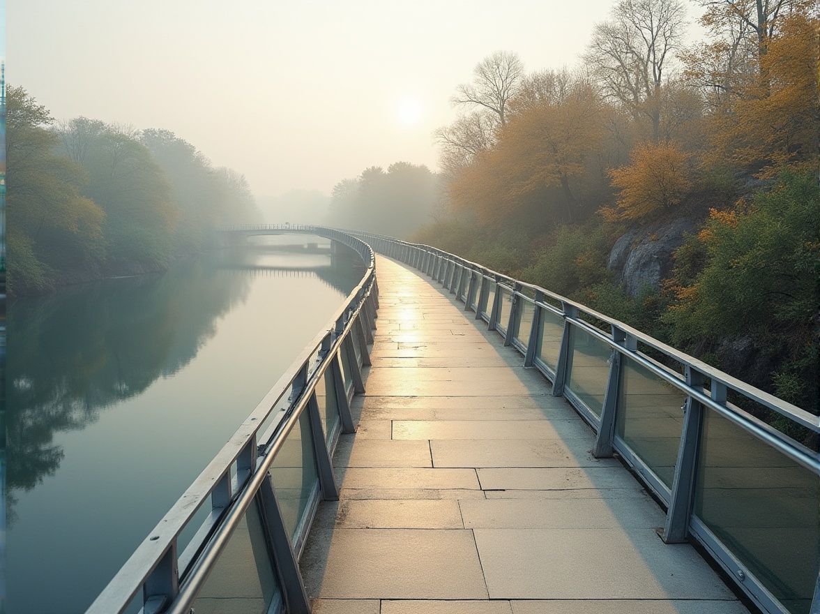 Prompt: Minimalist pedestrian bridge, modern architecture, sleek design, gentle curves, silver-gray steel beams, polished wooden railings, transparent glass panels, soft LED lighting, misty morning fog, calm river waters, lush greenery surroundings, autumn foliage colors, warm beige pavement, simple stone columns, subtle textures, ambient occlusion, cinematic atmosphere, high-angle shot, 3/4 composition, naturalistic rendering.