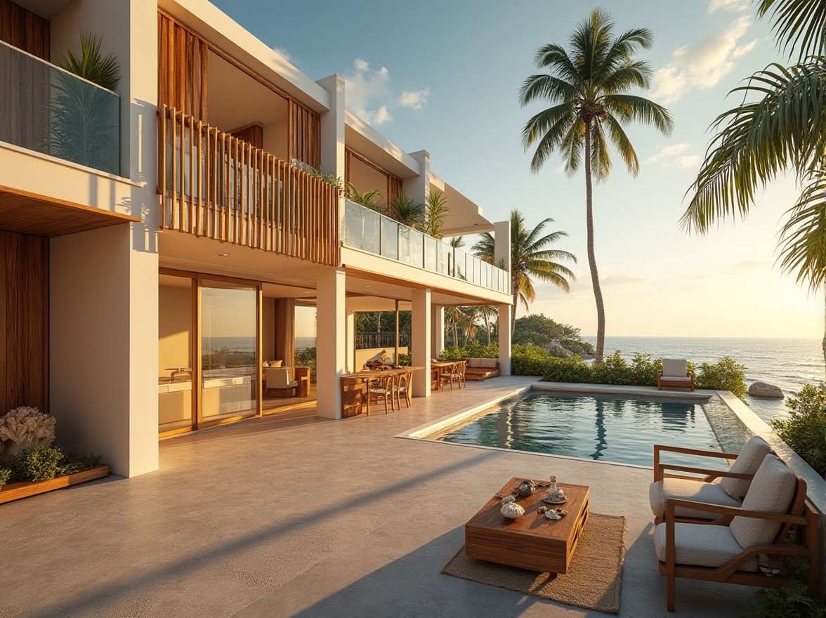 Prompt: Successful island gymnasium social housing project, tropical architecture, modern design, bright colors, large windows, natural light, palm trees, beachside, ocean view, seashell decorations, wooden floor, minimalist furniture, communal kitchen, shared living room, rooftop garden, sunset view, warm lighting, 3/4 composition, soft focus, shallow depth of field.