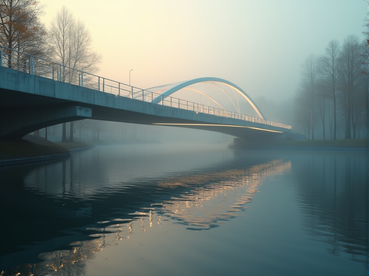 Prompt: Minimalist bridge, sleek lines, curved arches, silver metal, smooth concrete, subtle LED lights, serene water reflections, misty morning atmosphere, soft fog, gentle river flow, lush greenery, surrounding trees, tranquil ambiance, 3/4 composition, low-angle shot, cinematic lighting, warm color tone.