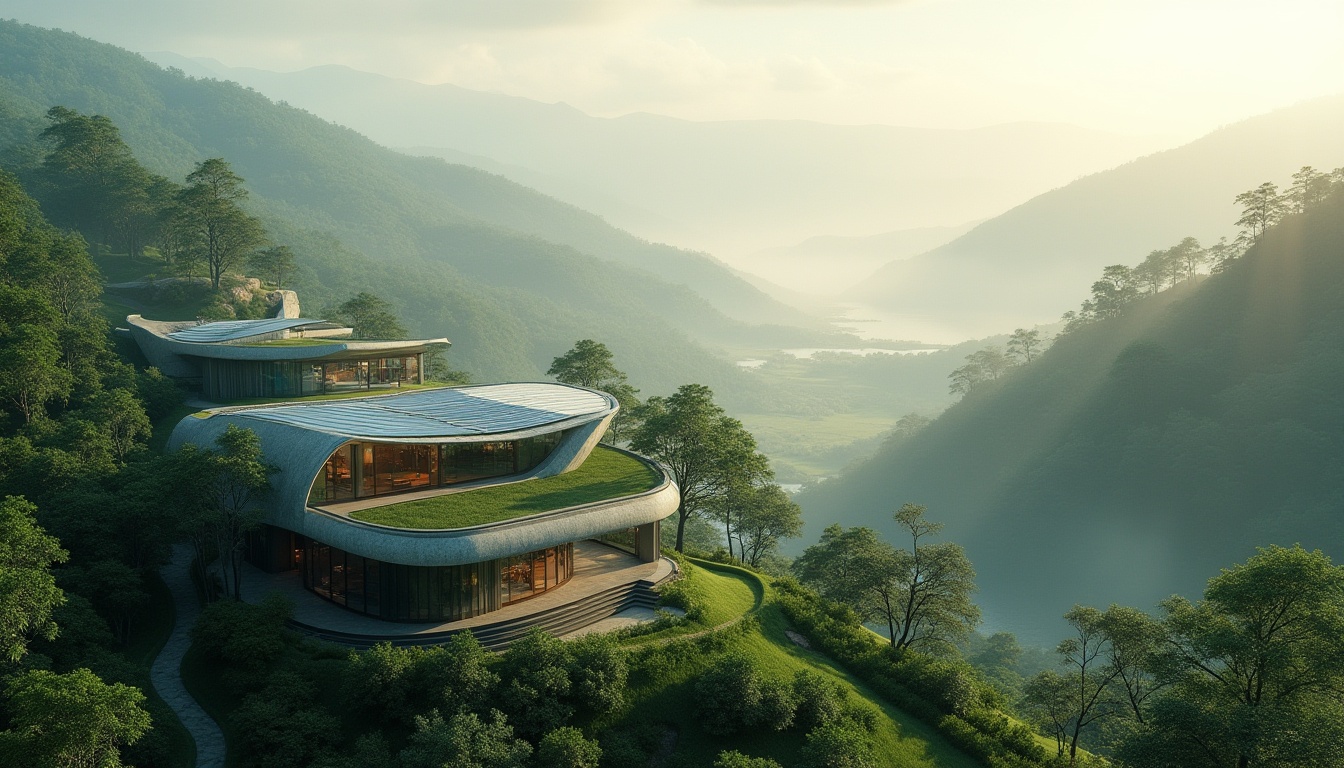 Prompt: Serene landscape integration, blending with nature, futuristic architecture, curved lines, green roofs, solar panels, modern materials, sleek design, harmonious coexistence, rolling hills, lush forests, misty mountains, tranquil lakeside, soft morning light, warm ambient glow, cinematic composition, 3/4 view, slight fog, depth of field, vibrant colors, realistic textures.