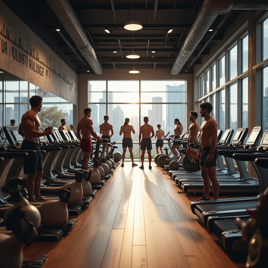 Prompt: Modern gymnasium, bright interior lighting, rows of treadmills, stationary bikes, free weights, kettlebells, exercise balls, wooden flooring, mirrored walls, motivational quotes on walls, athletic young adults, diverse ethnicity, energetic atmosphere, morning or afternoon sunlight streaming through large windows, urban cityscape outside, skyscrapers in the background, healthy snacks and water bottles scattered around, fitness trackers on wrists, sweat-drenched workout clothes, intense facial expressions, dynamic body language, vibrant color scheme, shallow depth of field, realistic texture, cinematic composition.