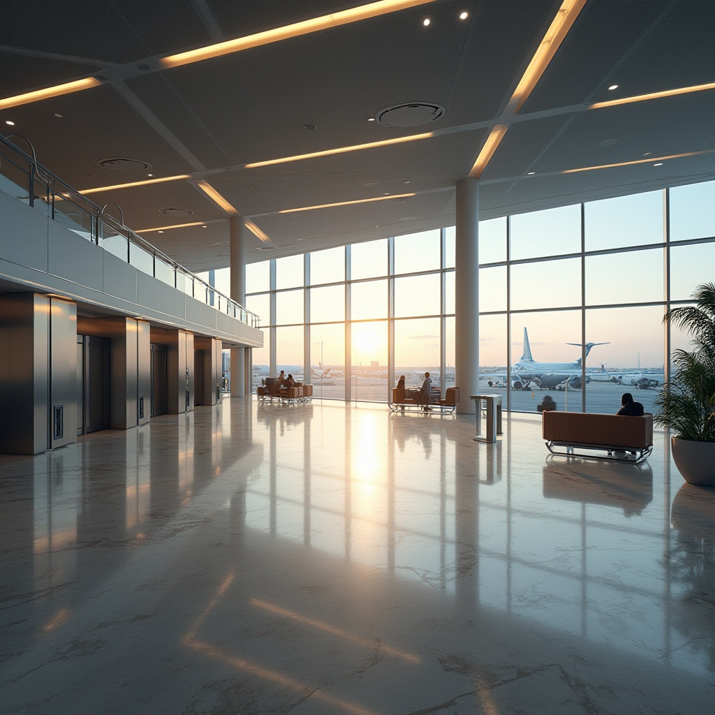 Prompt: Modern airport interior, functional layout, optimizing passenger flow, sleek lines, minimal decor, LED light strips, polished marble floors, stainless steel handrails, futuristic elevators, spacious waiting areas, comfortable seating, ample power outlets, panoramic views of runway, natural light pouring in through floor-to-ceiling windows, morning sun rays, warm and inviting atmosphere.