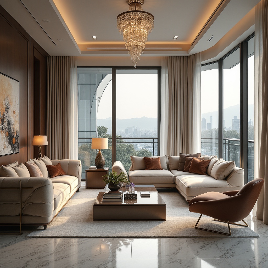 Prompt: Luxury interior design, modern living room, high-end material selection, marble floor, velvet sofa, wooden coffee table, stainless steel lamp, leather armchair, crystal chandelier, abstract art painting, large windows, cityscape view, afternoon soft light, 3/4 composition, shallow depth of field.