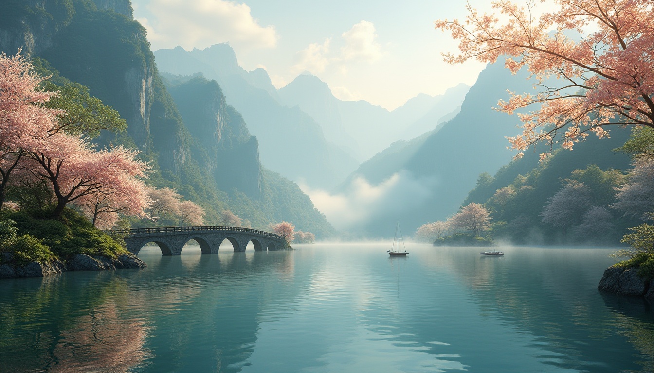 Prompt: Serene lake scene, calm waters reflecting majestic mountains, lush greenery surrounding the shore, intricate stone bridge with gentle water flow underneath, delicate cherry blossoms scattered along the banks, a few sailboats drifting peacefully, soft mist rising from the surface, warm golden lighting, panoramic view, 3/4 composition, vibrant colors, realistic textures, natural ambiance.