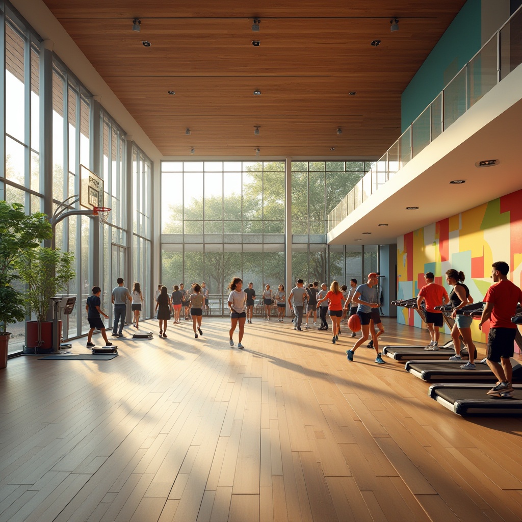 Prompt: Vibrant community center, modern architecture, large windows, natural light, gymnasium interior, basketball court, wooden floor, sports equipment, colorful walls, abstract art, plants, stairs, open space, people exercising, playing basketball, running on treadmills, group fitness classes, diverse age groups, smiling faces, energetic atmosphere, warm lighting, soft shadows, 3/4 composition, panoramic view.