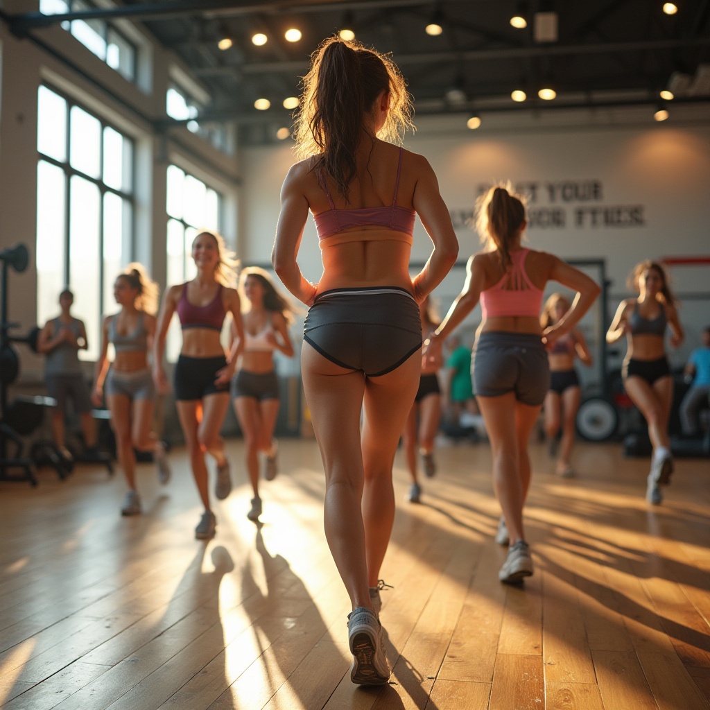 Prompt: Modern gymnasium, community engagement, group fitness class, diverse age range, (20-40yo), energetic atmosphere, natural light pouring through large windows, wooden floors, mirrored walls, various exercise equipment, bright color scheme, motivational quotes on walls, people of different body types, sweaty workout clothes, sporty hairstyles, enthusiastic facial expressions, dynamic poses, jumping, stretching, laughing, socializing, before and after workout scenes, morning sunlight, soft focus background, shallow depth of field, warm and inviting lighting.