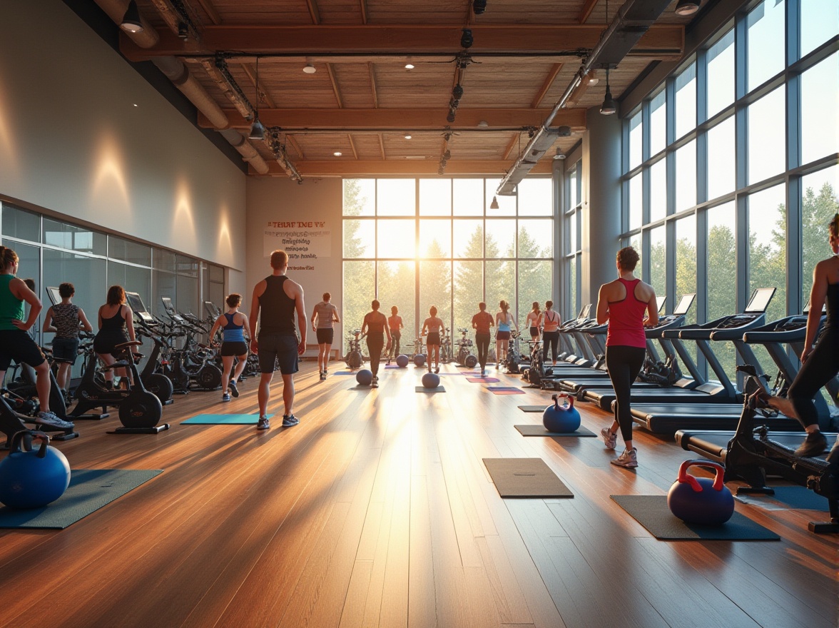 Prompt: Modern gymnasium, bright interior, large windows, wooden floor, various exercise equipment, treadmills, stationary bikes, dumbbells, kettlebells, medicine balls, gymnastic rings, parallel bars, pommel horse, balance beams, yoga mats, group fitness class, diverse age groups, energetic atmosphere, natural light, morning sunlight, panoramic view, shallow depth of field, vibrant colors, sporty outfits, athletic wear, sneakers, sweatbands, water bottles, healthy snacks, motivational quotes on walls, inspirational posters, dynamic composition, wide-angle lens.