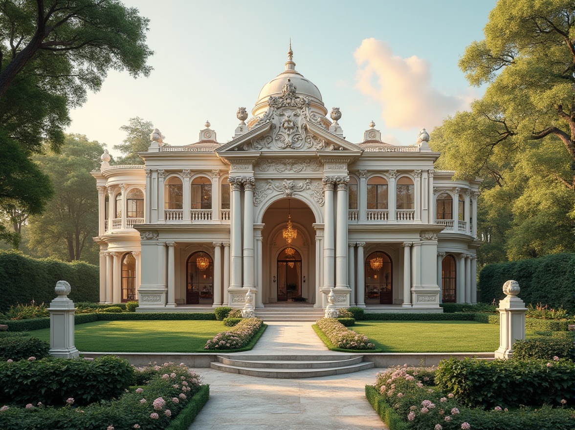 Prompt: Neoclassical architecture, residential area, villas, mansions, symmetrical facade, grand entrance, ornate columns, carved decorations, arches, domes, marble floors, high ceilings, crystal chandeliers, elegant furnishings, greenery, manicured lawns, flower beds, statues, fountains, warm afternoon lighting, soft shadows, 3/4 composition, cinematic depth of field.