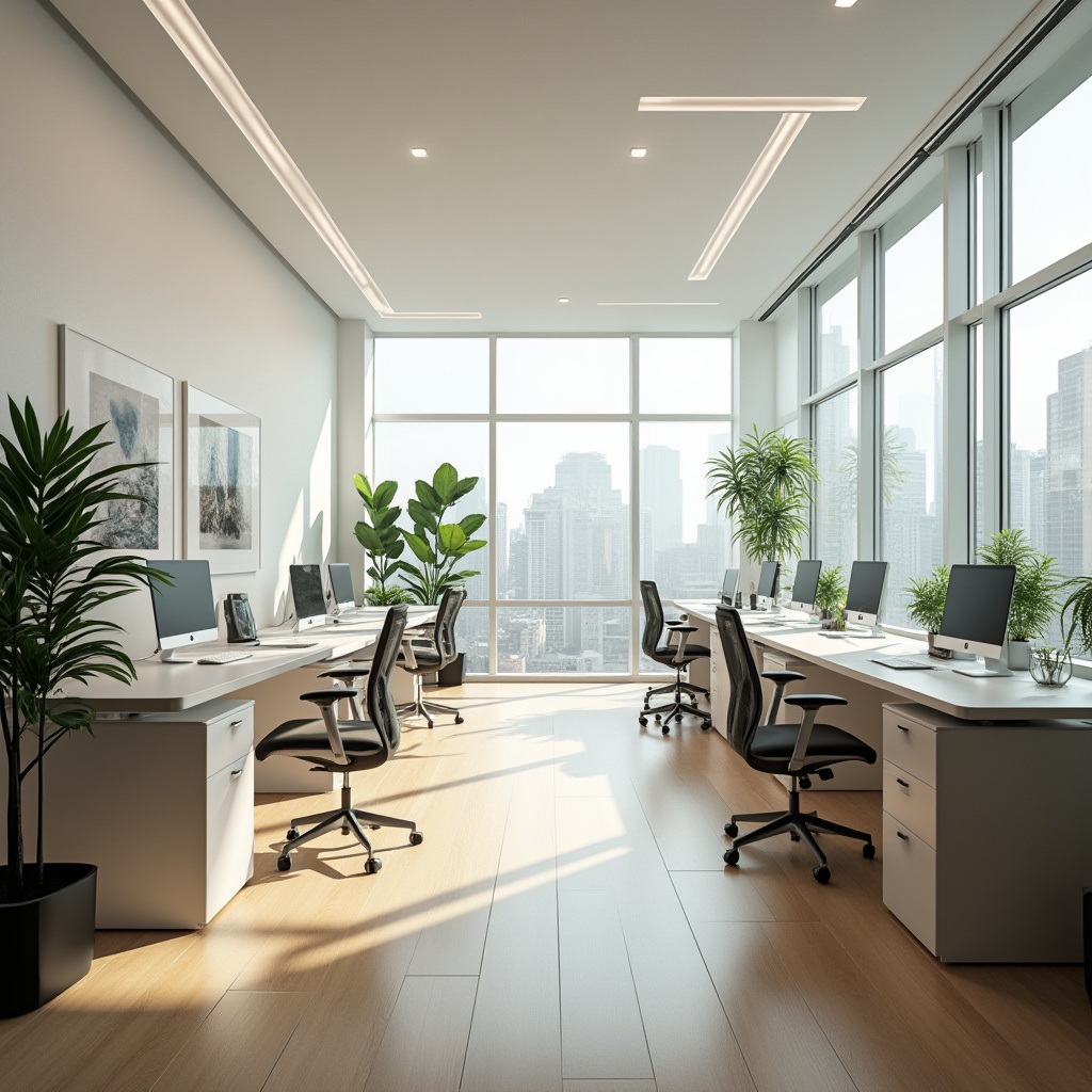 Prompt: Modern minimalist office, functional spatial organization, maximizing productivity, sleek desks, ergonomic chairs, plenty of natural light, green plants, white walls, wooden flooring, geometric shapes, abstract art pieces, floor-to-ceiling windows, cityscape view, morning sunlight, soft focus, 3/4 composition, cinematic lighting, neutral color palette, clean lines, minimalist decor.