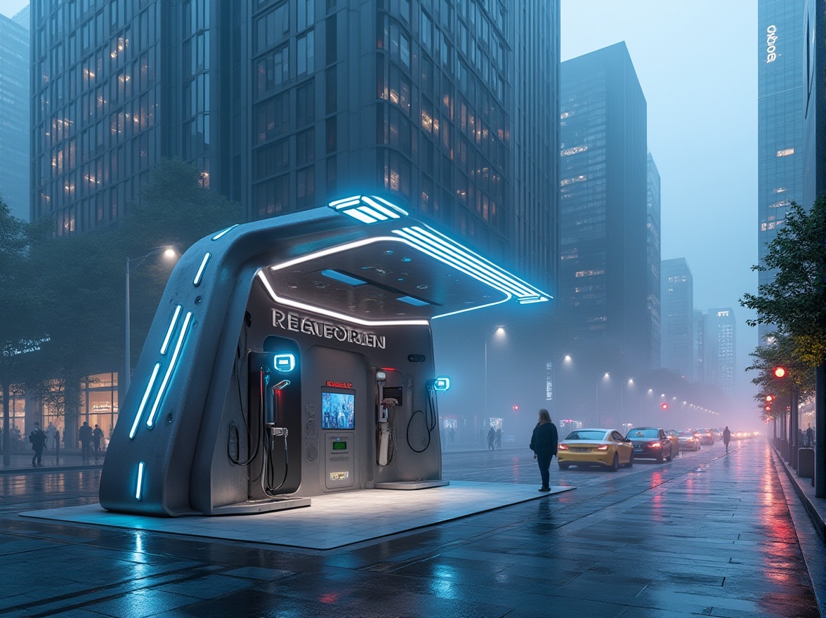 Prompt: Futuristic charging station, innovative facade design, sleek metallic exterior, LED light strips, glowing blue accents, angular lines, minimalist architecture, cityscape background, urban jungle, busy street, pedestrian traffic, modern skyscrapers, glass and steel structures, reflective surfaces, 3/4 composition, low-angle shot, dramatic lighting, atmospheric mist.