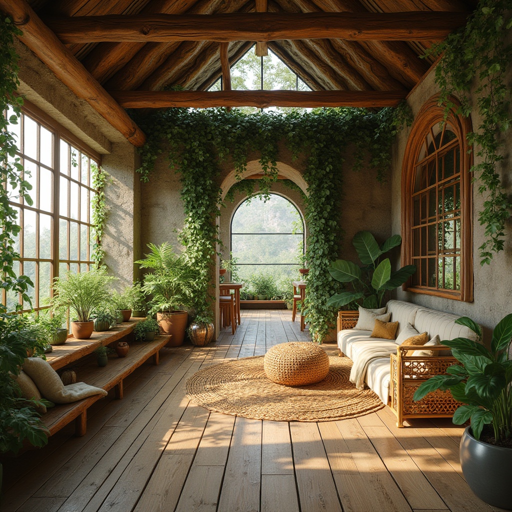 Prompt: Natural materials, organic architecture, earthy tone, wooden beams, stone walls, green roofs, vines crawling up, flower-filled planters, wooden floors, woven rattan furniture, potted plants, natural lighting, large windows, panoramic view, rustic decor, cozy ambiance, warm atmosphere, nature-inspired patterns, earthy colors, sustainable design.