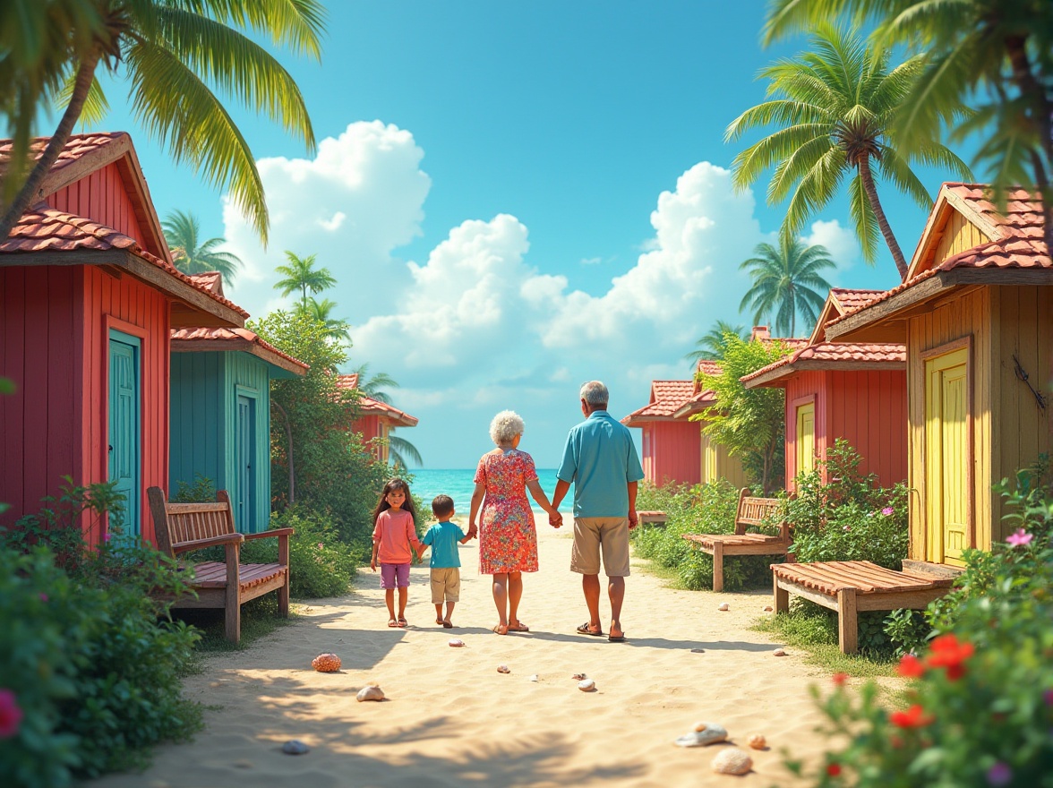 Prompt: Island community, colorful tropical houses, social housing complex, vibrant flowers surrounding, sunny weather, clear blue sky, lush green trees, happy islanders, elderly couple holding hands, smiling children playing, community garden, outdoor seating area, wooden benches, beachside, seashells scattered, warm lighting, 3/4 composition, soft focus background.